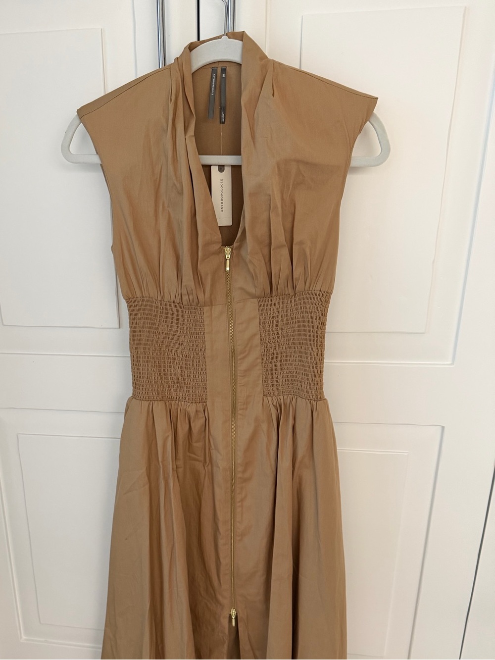 Anthropologie Tan Sleeveless Shirred-Waist Midi Dress with Front Zip